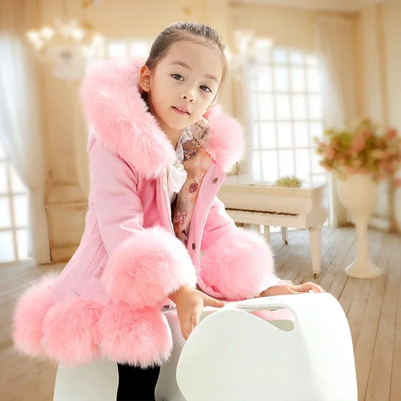 Girls Winter Thick Coat 2024 New Korean Children Clothing Children PU Leather Fur Medium Length Hooded Cotton Coat