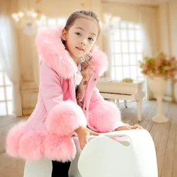 Girls Winter Thick Coat 2024 New Korean Children Clothing Children PU Leather Fur Medium Length Hooded Cotton Coat