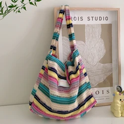 Colorful Knitted Women's Shoulder Bag Sweet Vintage Ladies Shopping Bags Large Capacity Wool Rainbow Female Travel Tote Handbags