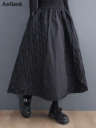 Black Vintage High Waist Patchwork Plaid Skirt Women New Plus Size Fashion Loose Casual Midi Skirts Clothing Spring Autumn 2025