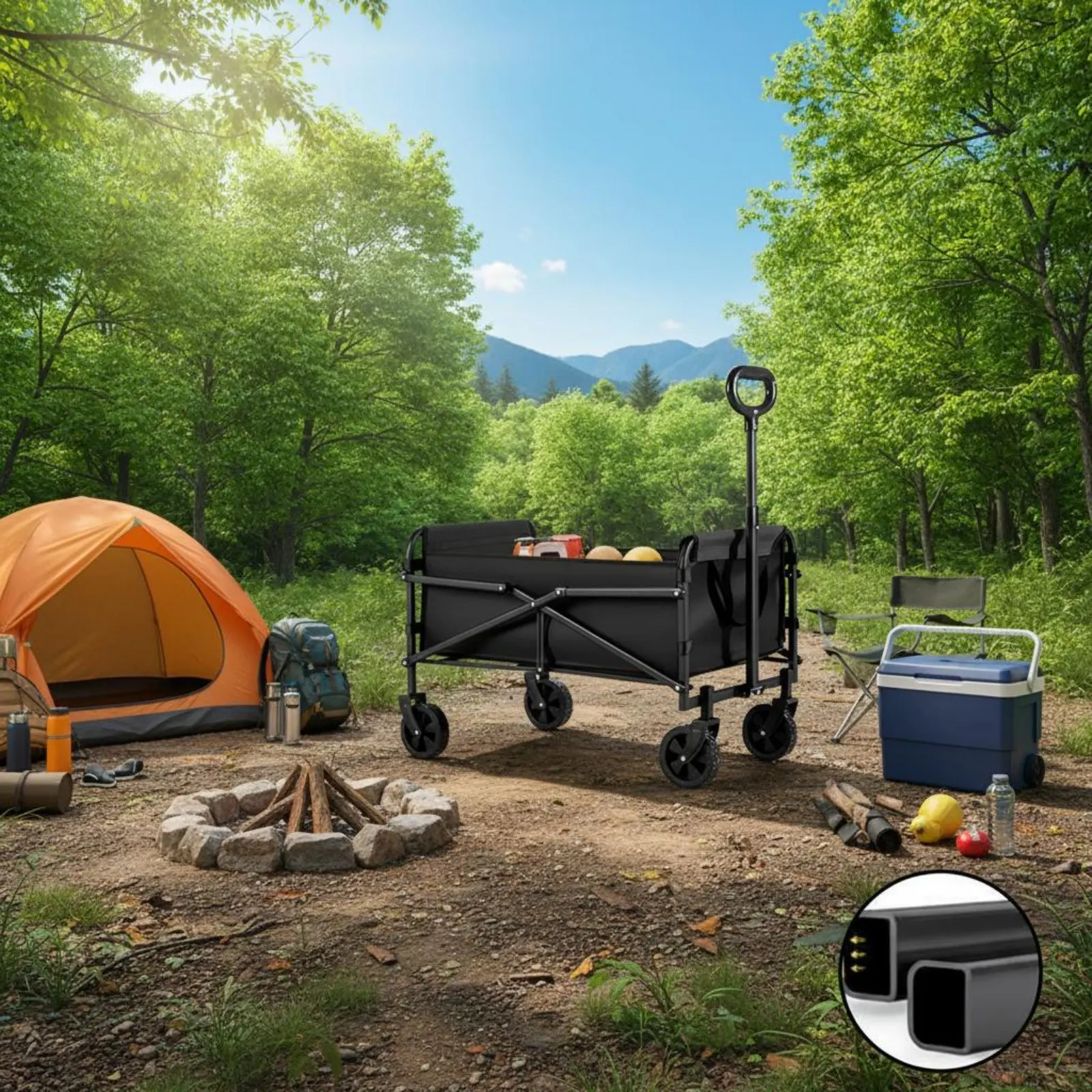 

Foldable Camping Cart Tear-Resistant Material Foldable Utility Wagon Outdoor Pull Cart 360-Degree Rotating Wheels for Campers
