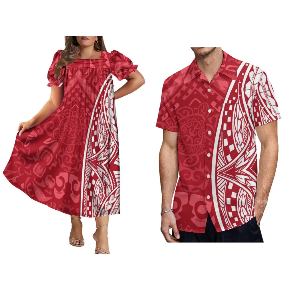 Polynesian Tribal Couple Dress Custom Samoan Traditional Ethnic Couple Suit Mumu Casual Art Dress And Beach Party Men'S Shirt