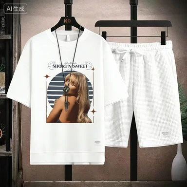 

2026 Men's high qualityNew Summer Round Neck Short Sleeve Men Casual Sports Set Loose T-shirt Shorts Waffle Style Clothing