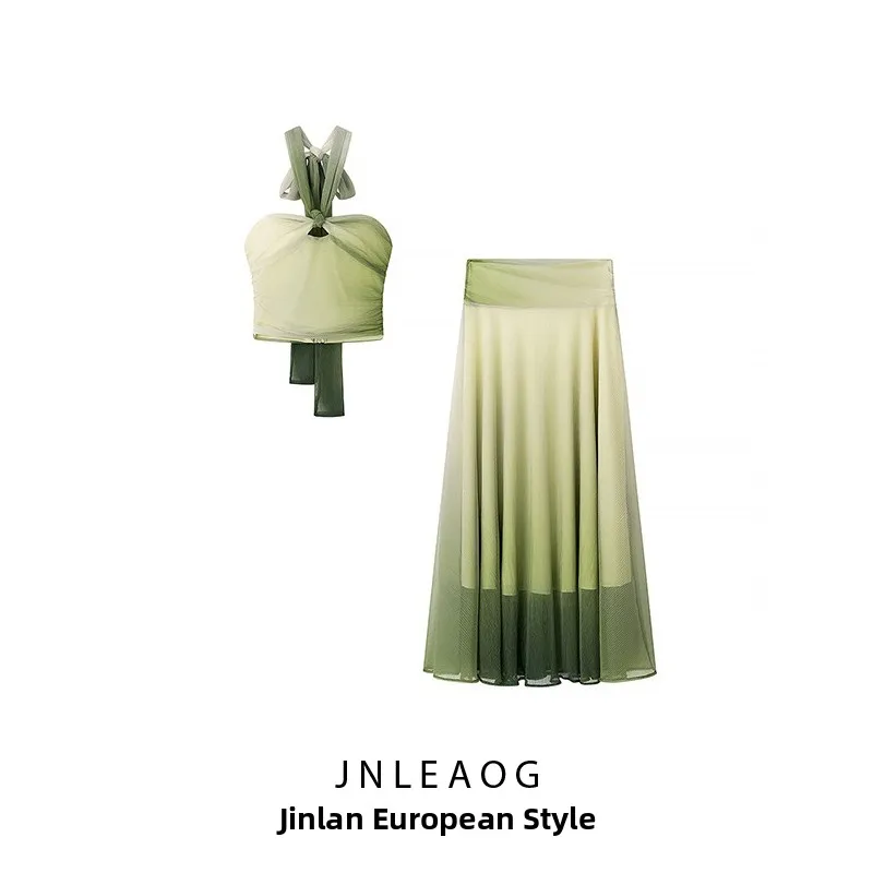 JNLEAOG Faionable adient Color Print Set Women's High Waist A-Line Skirt Casual Commute Sle Polyester Fiber Midi Skirt