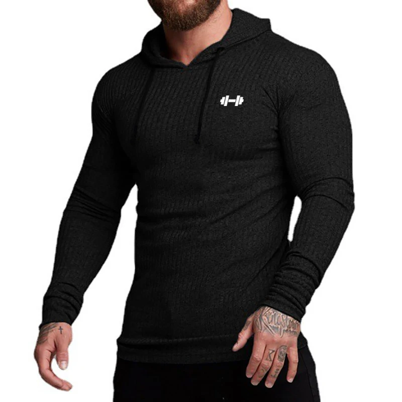 Men\'s Casual Long Sleeve Slim Fit Shirt Gym Sport Fitness Quick Dry Hooded T-Shirt Fashion Knitted Stripes Bodybuilding Clothing