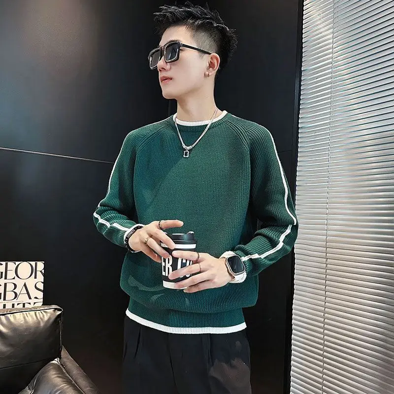 

Мужской вязаный свитер с круглым воротником, трикотаж в корейском стиле, модная одежда с отзывчиками, уличная одежда, повседневные зеленые пуловеры в стиле Харадзюку, мужские