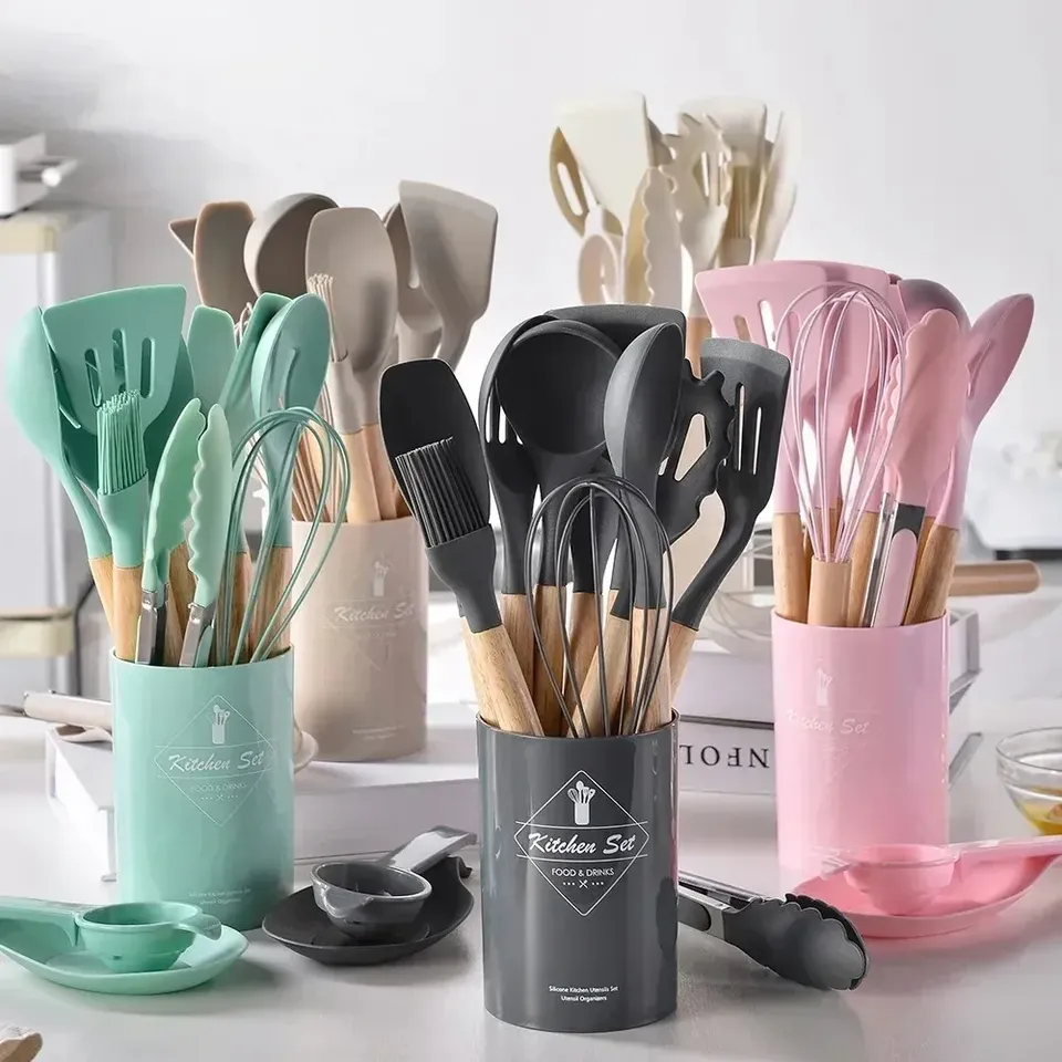  12-piece non-stick cooking spoon set with wooden handles, silicone cookware, heat-resistant kitchen tools storage container. 