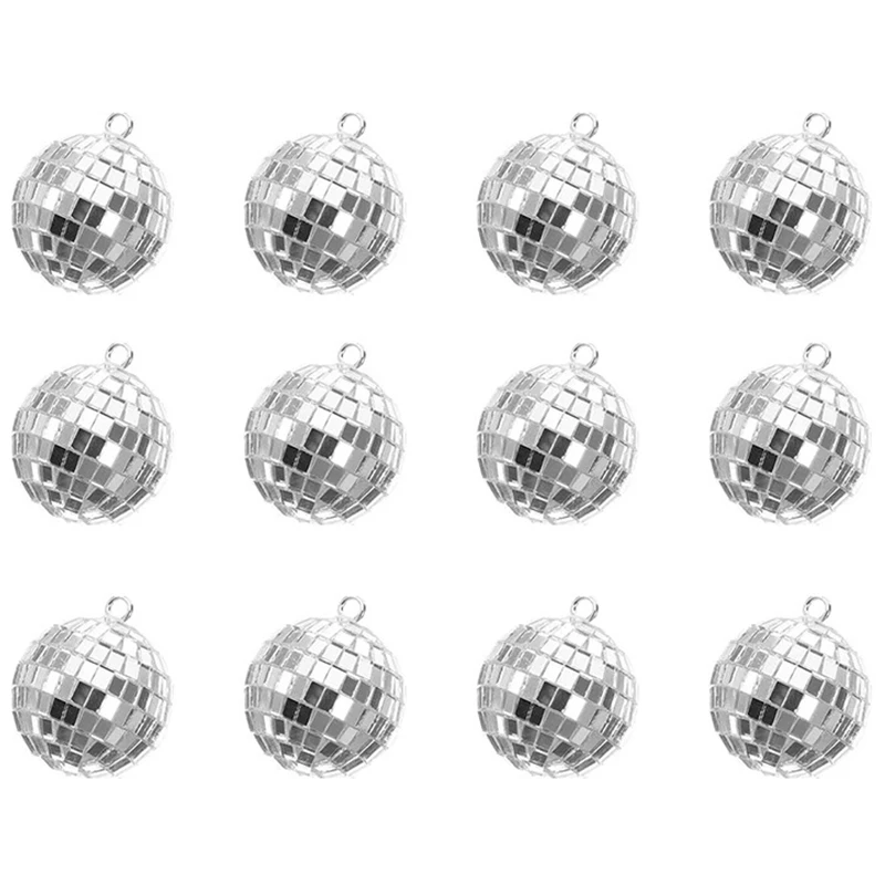 12PCS Mini Reflector Disco Mirror Ball Stage Light Hanging Ball Bright Silver Glass Balls for Christmas Wedding Birthday Party