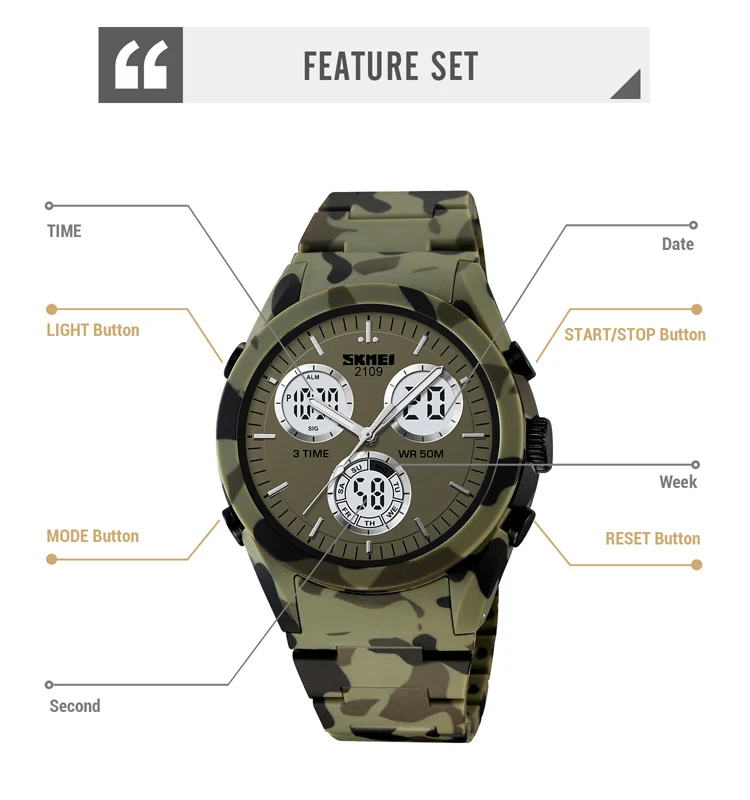 SKMEI Multifunctional 3 Time Military Camouflage Countdown Digital Wristwatch Sport Watches Mens 5Bar Waterproof Chrono Alarm