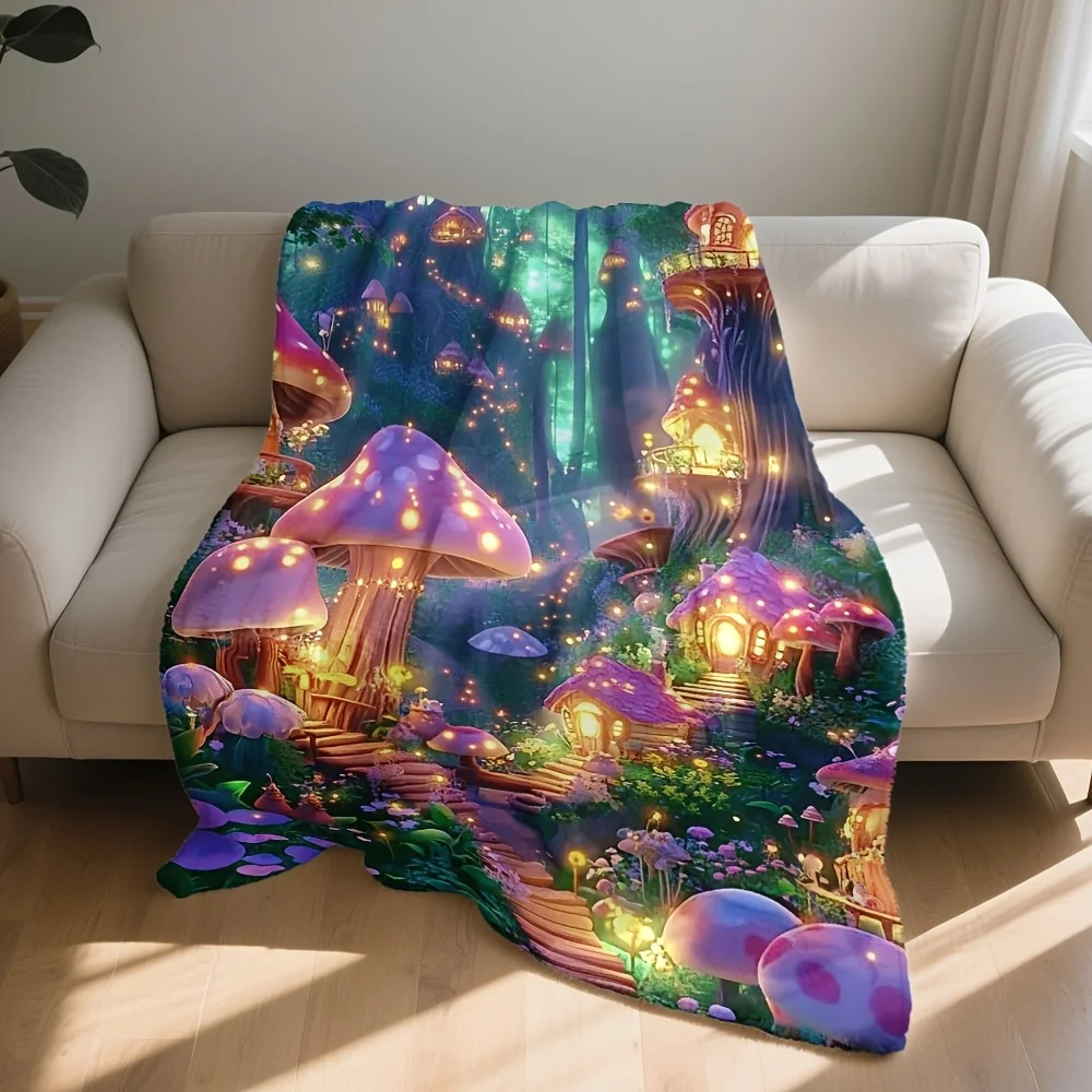 Whimsical Fantasy Fairy Garden Mushroom Forest Blanket Throw Cozy Fleece Bed Cover Decor Large 150x200cm