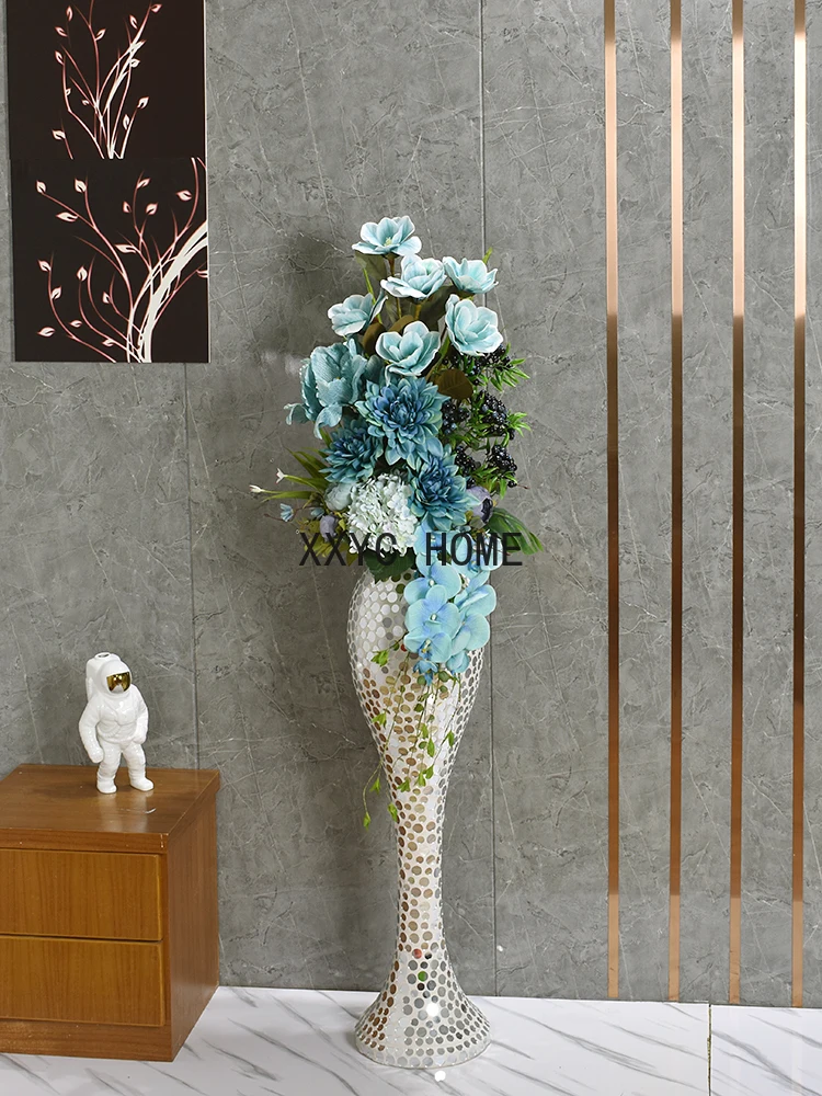 

Glass Steel Floor Large Vase Artificial Flower Set Floral Glass Vase Living Room Decoration