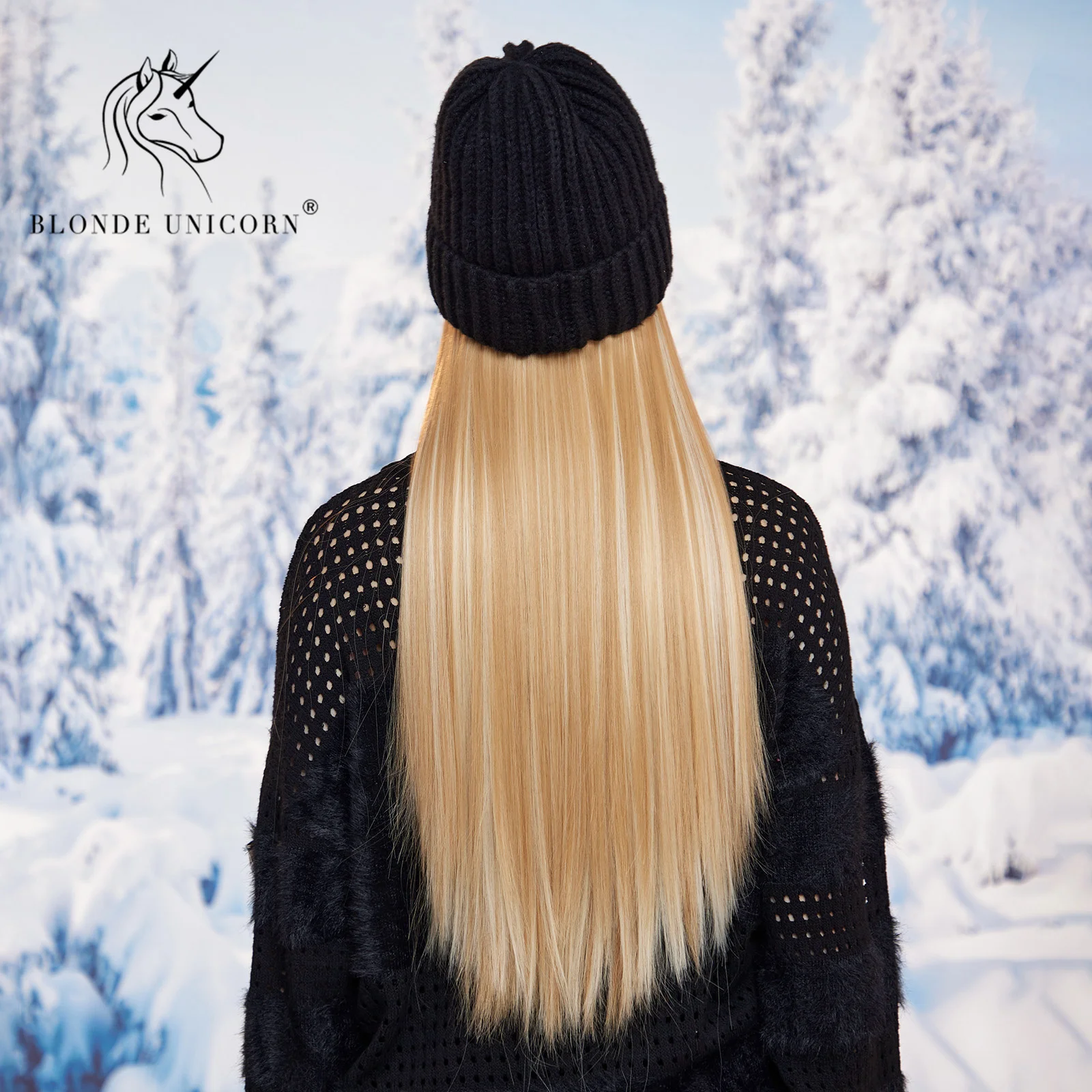 Peruca loira unicórnio para mulheres, boné com chapéu de cabelo, peruca reta, cabelo sintético separável, alta temperatura, festa diária