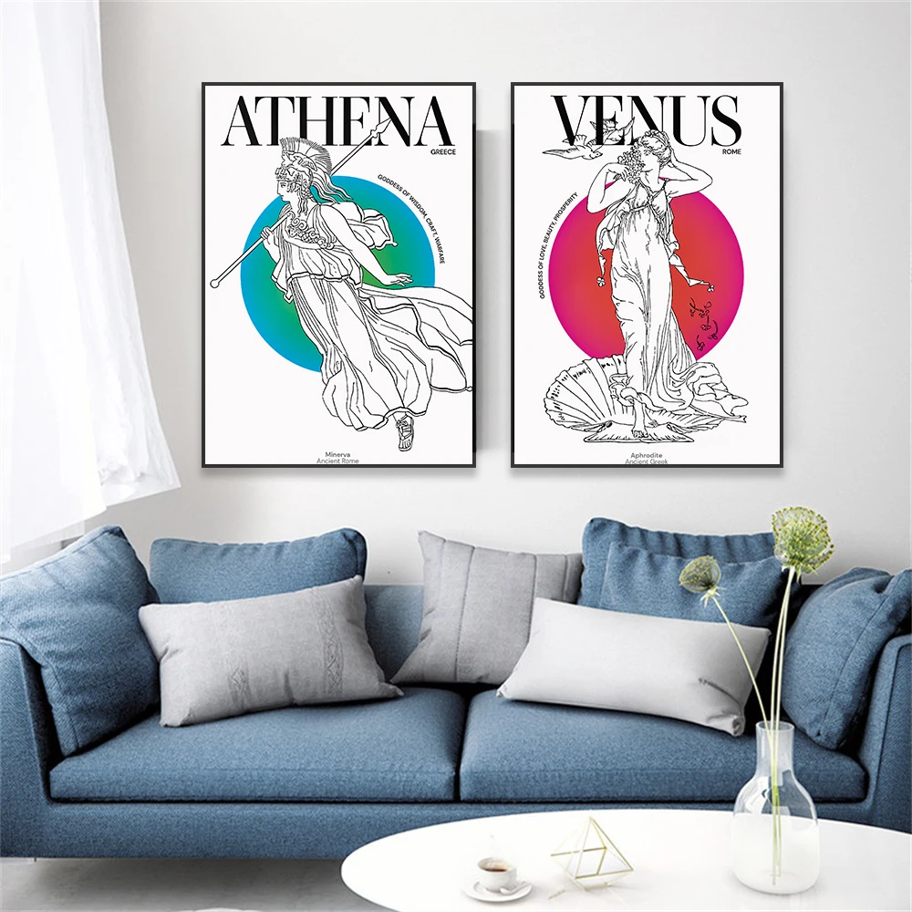 Colorful Greek Goddess Poster Athena and Venus Prints Abstract Midcentury Wall Art Greek Mythology Art Canvas Painting Decor