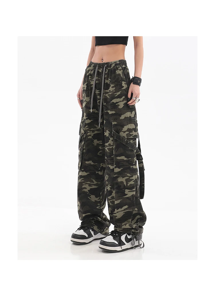 

Harajuku Camo Cargo Jeans Drawstring 90s Baggy Camouflage High Waist Wide Leg Pants Classical Denim Trousers Casual Streetwear