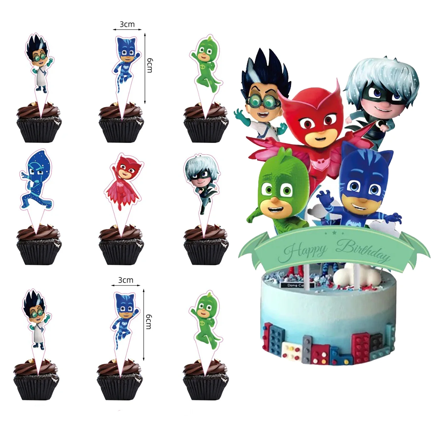 25pcs PJ masks Irodalmi dolgozat Avatás Cookie toppers dekor Parlamenti választás Becő Boldog születésnapi Avatás Baba zuhany Gyümölcs Desszert Árverseny Fogpiszkáló Zászló