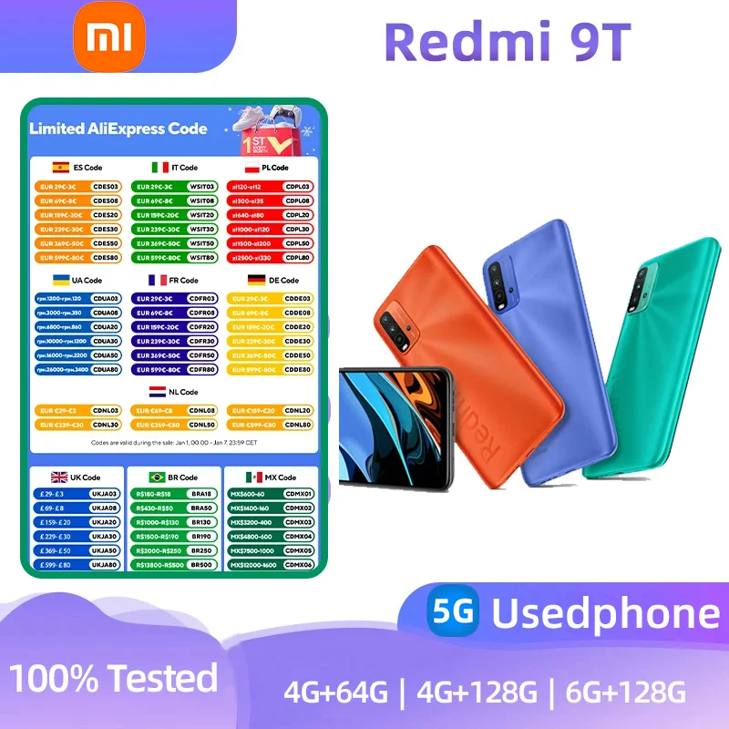 Redmi 9T 4G Android 6.53 inch RAM 4GB ROM 64GB CPU Snapdragon 662 48MP Camera 6000 mAh Used phone