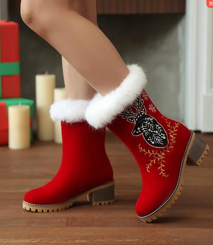 

2025 Winter New Embroidered Chunky Heel Side Zipper Snow Boots Large Size 40-4