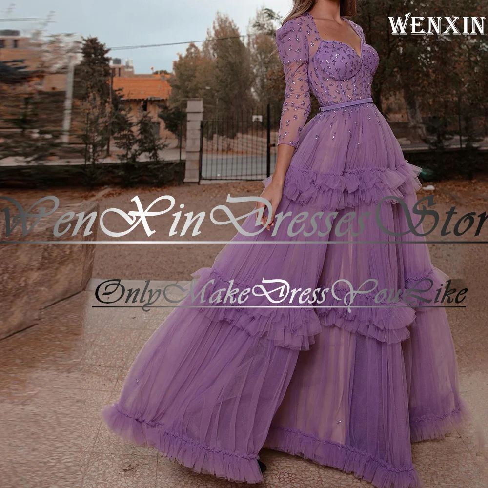 Elegant Luxury Evening Crystal Tiered 4/3 Sleeve Purple Tulle A-line Tiered V-Neck Floor Length Dresses For Formal Occasions