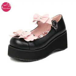 Spring Women Cute Bow Platform Lolita Shoes Strap Cosplay Wedges Thick Sole Pumps JK Uniform Black Brown White Plus Size 34-48