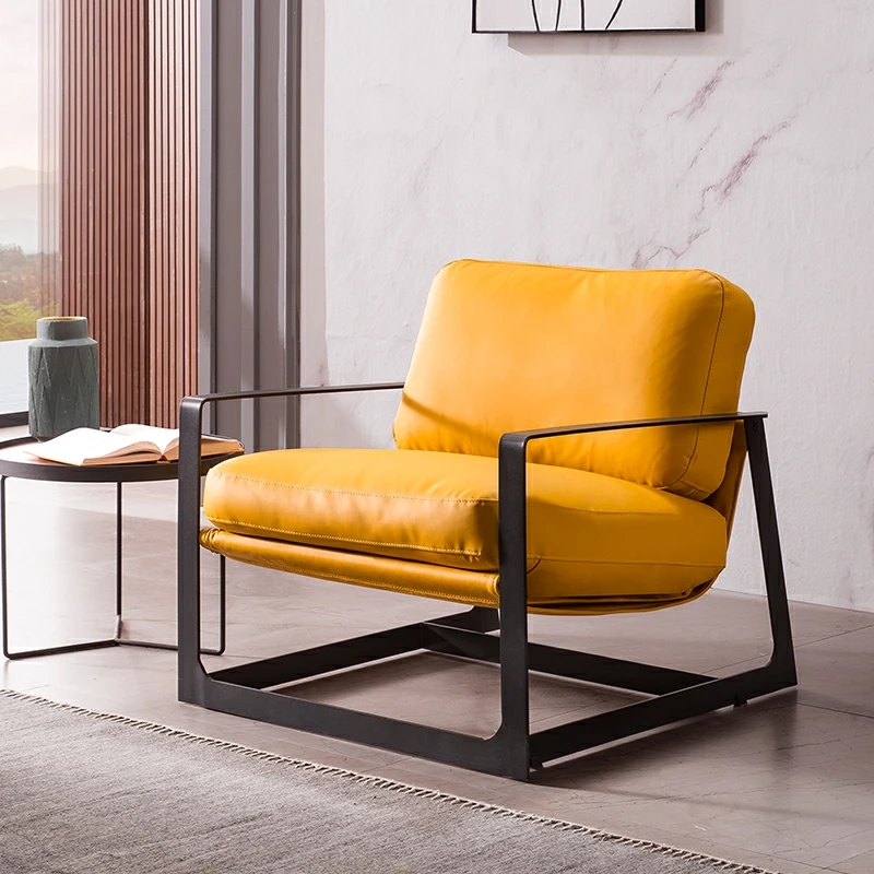 # Single Iron Sofa Chair Yellow Recliner Minimalist Style Comfortable  Living Room Leisure Metal