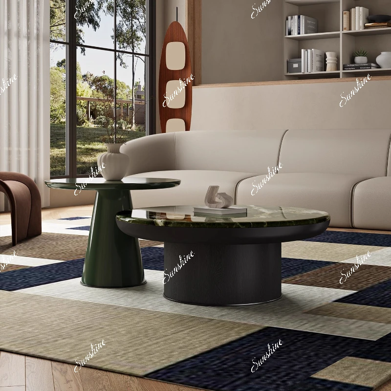 

Italian light luxury natural marble coffee table combination living room household small apartment, round coffee table