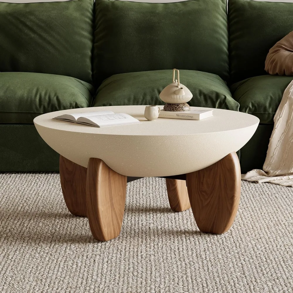 

Round Concrete Coffee Table with Premium Walnut Ash Wood Legs, Modern Minimalist Cement Finish Center Table for Living Ro