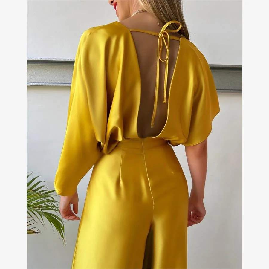 Combinaison asymétrique en Satin à jambes larges pour femmes, taille haute, une pièce, chauve-souris, pantalon décontracté, pour les déplacements, été, Faion