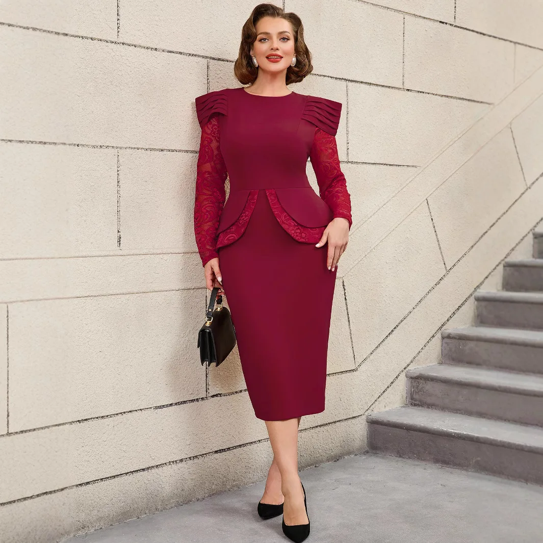 Vestido de banquete de casamento da mãe plus size vestido plissado manga de renda cintura alta emagrecimento elegante vestido casual y2k