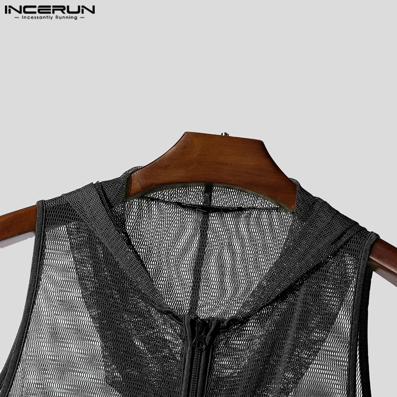 INCERUN Bodysuit Pria Romper Solid Berkerudung Seksi Transparan Jaring Pria Tanpa Lengan Ritsleting Tali Serut Fashion Playsuit Pria Bodysuit