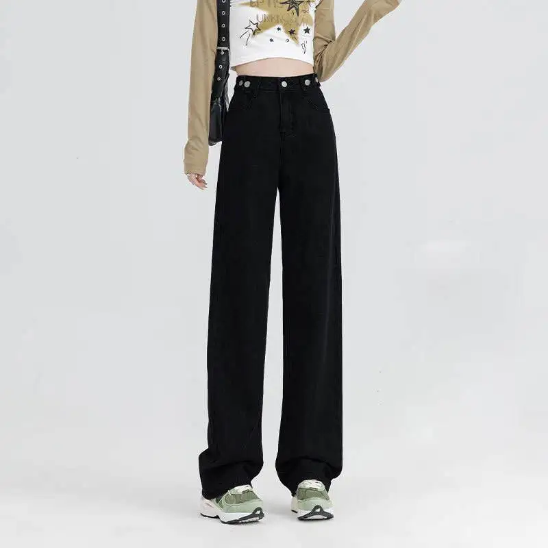 

Женские джинсы длиной до пола, регулируемые широкие джинсы с высокой талией, 2023, прямые свободные брюки для поездок на работу