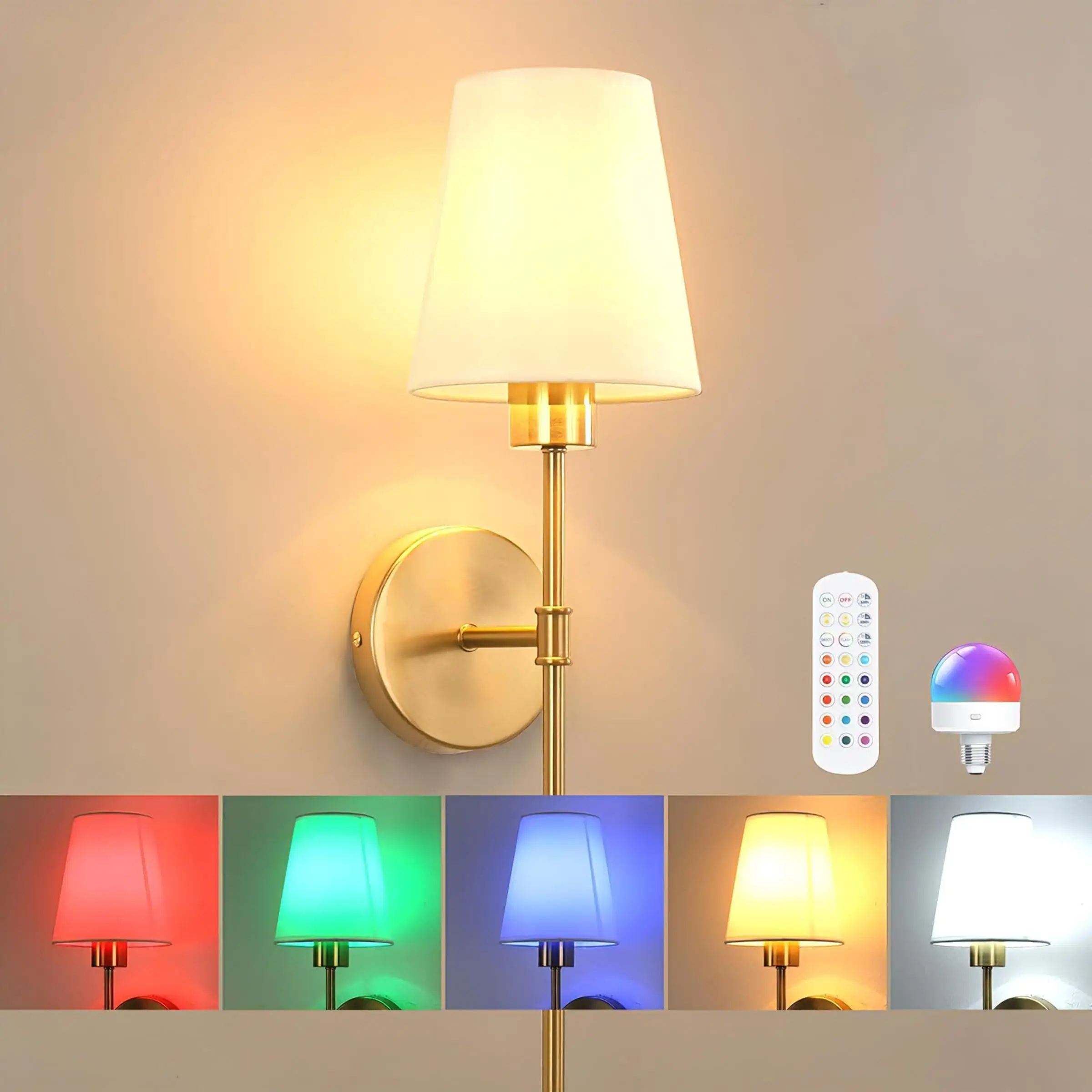 Wireless Battery Powered Wall Light, Remote Control Bedroom Lamp, Rechargeable Multicolor Bulb, Suitable for Living Room and Hal