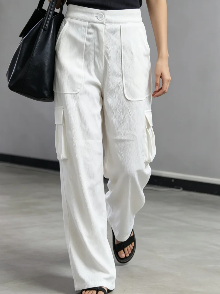 Women White Cargo Wide Leg Pants Button Front Elastic Back Waist Crinkle Fabric Multi‑Pocket Loose Casual Trousers Streetwear