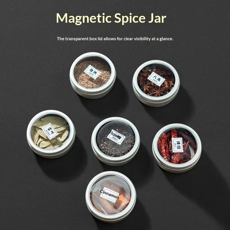 Magnetic Fridge Organiser Round Tin Box With Magnet Kitchen Spice Storage Box Home Office Organisers With Transparent Cover