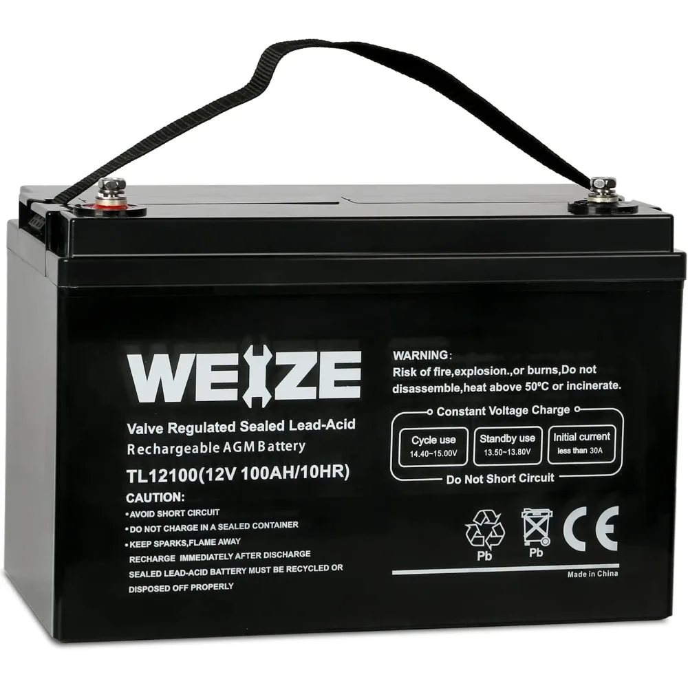 Deep Cycle AGM 12 Volt 100Ah Battery, Maintenance-Free, 3% Self-Discharge Rate, 1150A Max Discharge Current, Perfect for RV