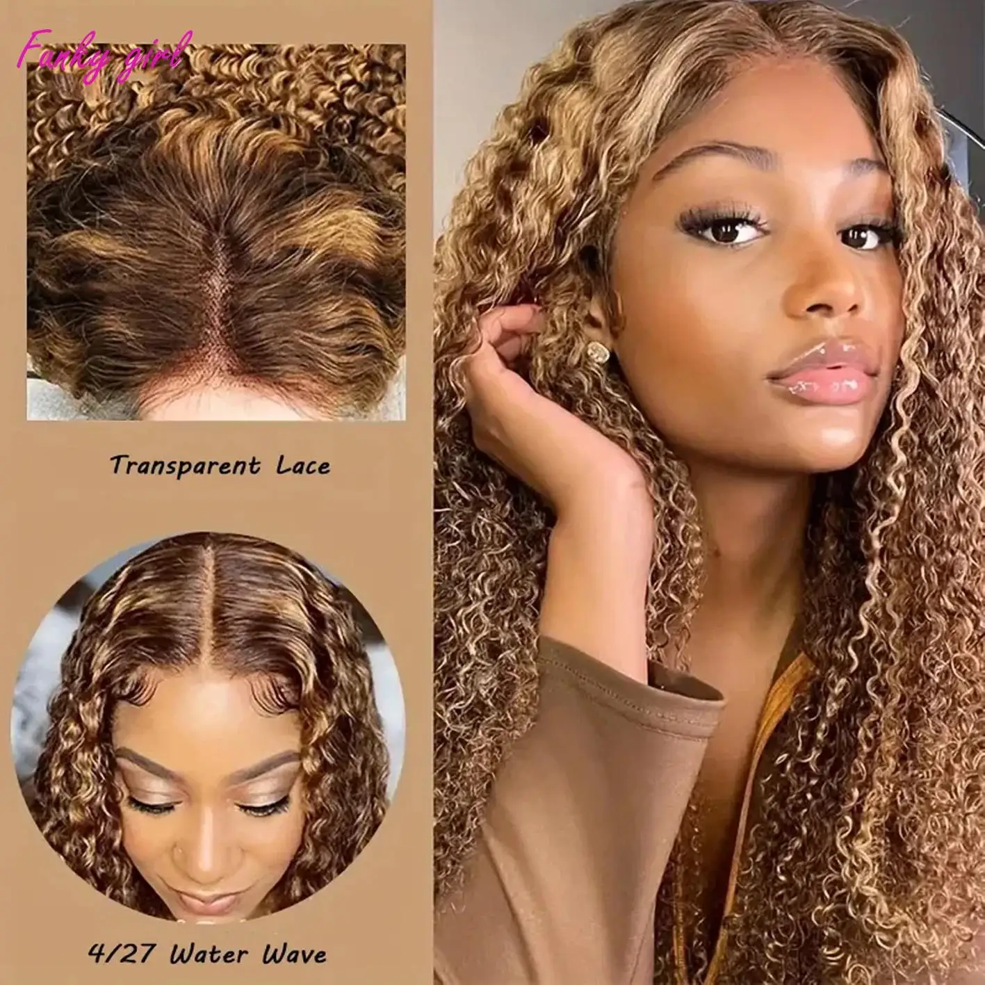 Glueless Wig Water Wave Lace Front Wig Human Hair Ombre Brown Highlight Honey Blonde Color 4/27 Wig 5x5 Transparent Lace Closure