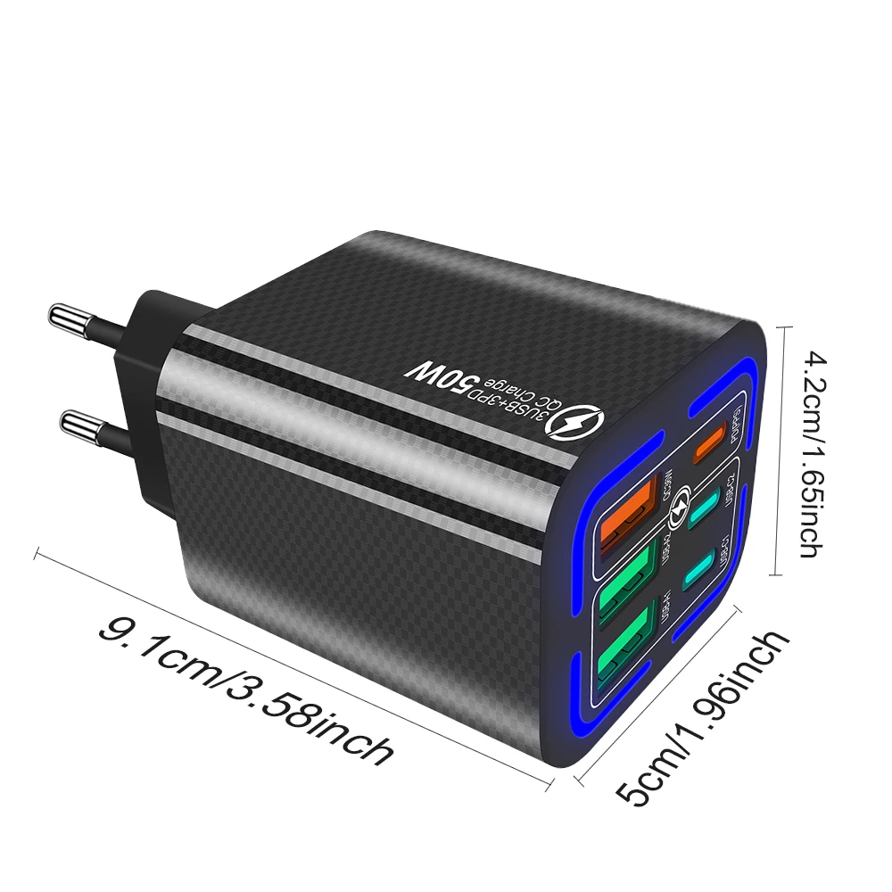 Total 150W USB Charger 6 Ports Type C Fast Charging Mobile Phone Wall Adapter EU/US/UK Plug For iPhone 15 Samsung Xiaomi Huawei