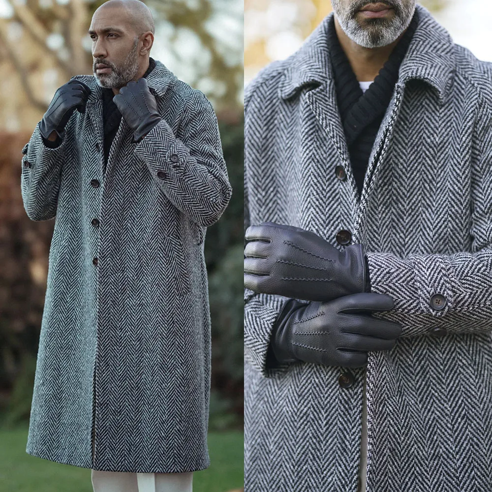 Classic Grey Herringbone Tweed Overcoat with Single-Breasted Notch Lapel Men Winter Long Coat Jacket Outerwear Customized E268
