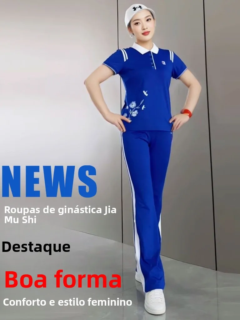 ensemble-de-sport-d'ete-bleu-pour-femmes-vetements-de-fitness-d'exterieur-legers-manches-courtes-pantalon-long-taille-haute-polyester-pour-la-danse-de-groupe