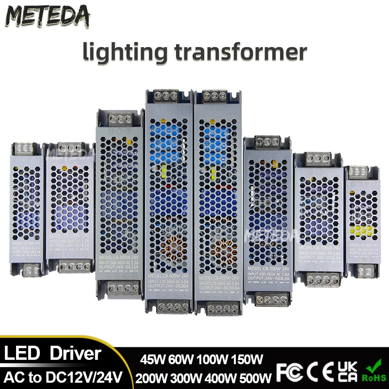 Transformador superfino para tira de luces LED, fuente de alimentación de 12V y 24V, 60W, 100W, 200W, 300W, 400W, 500W