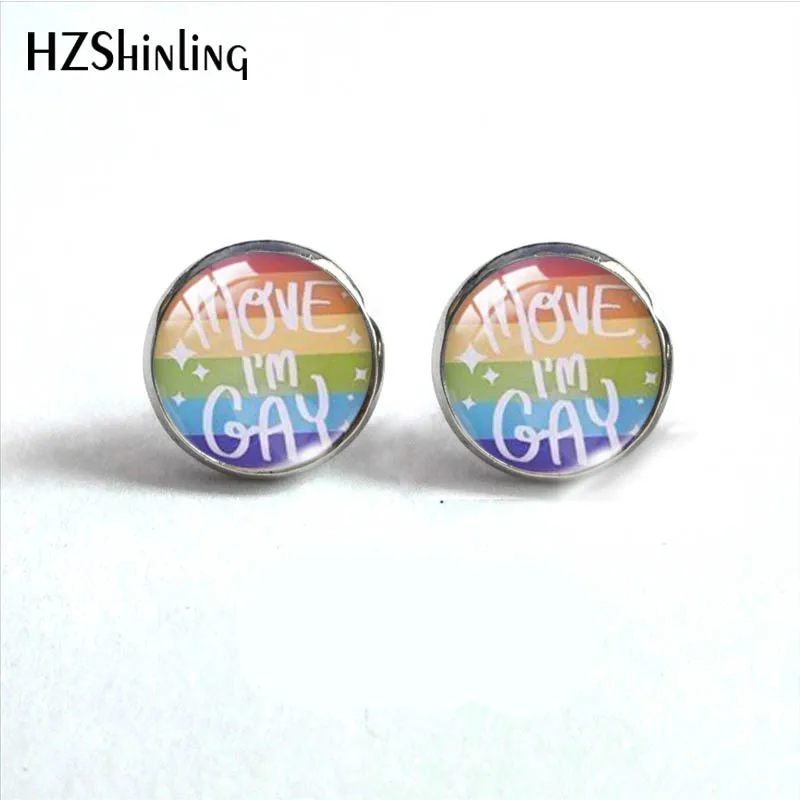 12mm Round Stud Earrings Cartoon Homo I am Gay BI Pride Glass Cabochon Stud Earrings Handmade Ear Jewelry for Women