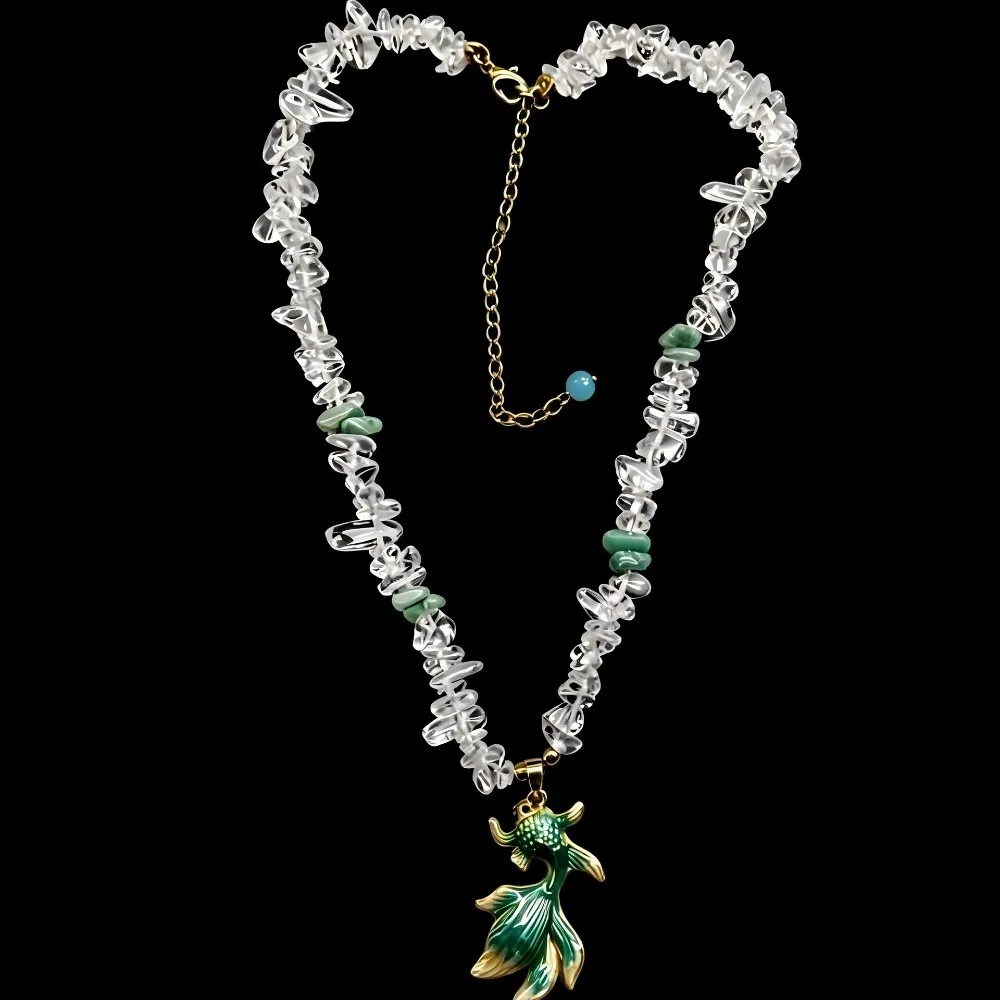 Medieval Vintage Fish-shaped Pendant Necklace Earrings Set Hanfu Accessories Light Luxury Crystal Green Stone Jewelry 0038