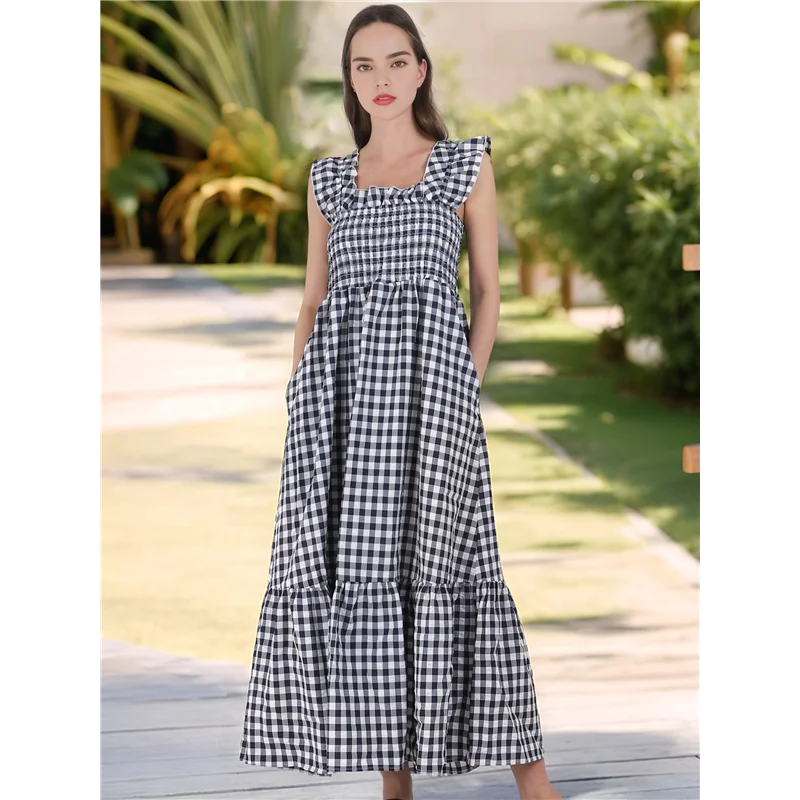 NEW-Women's Retro Plaid Smocked Dress Spaghetti Strap Flounce Long Dress