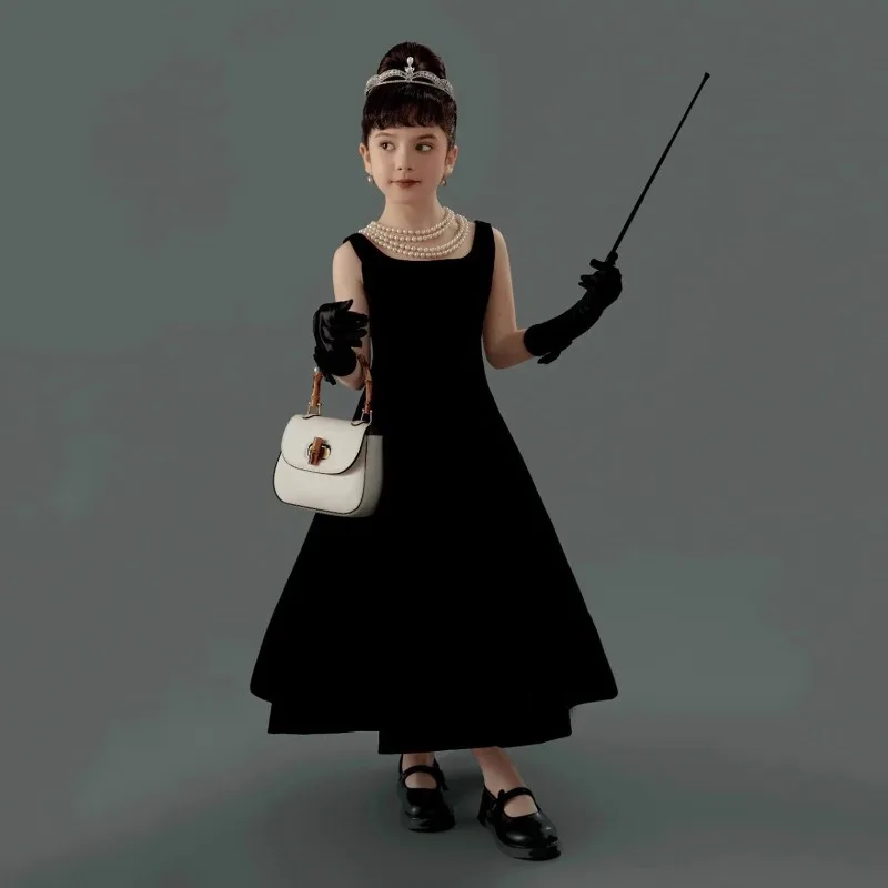 Girls Black Velvet Vintage Princess Dress Children Evening Pageant Host Model Show Formal Wear Gown for Piano Violin Performance