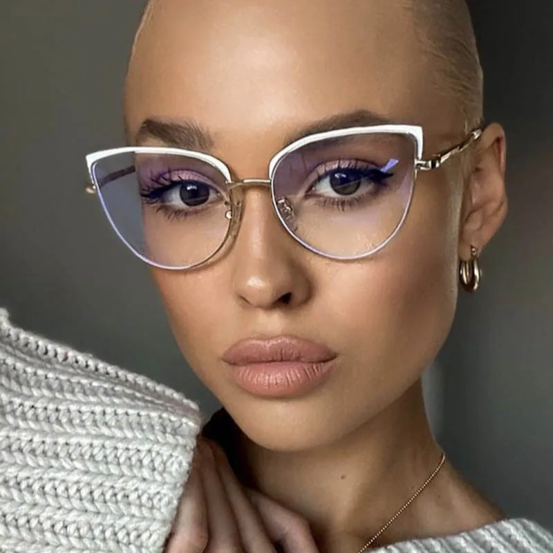 Cat-Eye Large-Frame Metal Glasses Frame, Fashionable Literary and Trendy Women's Anti-Blue Light Glasses