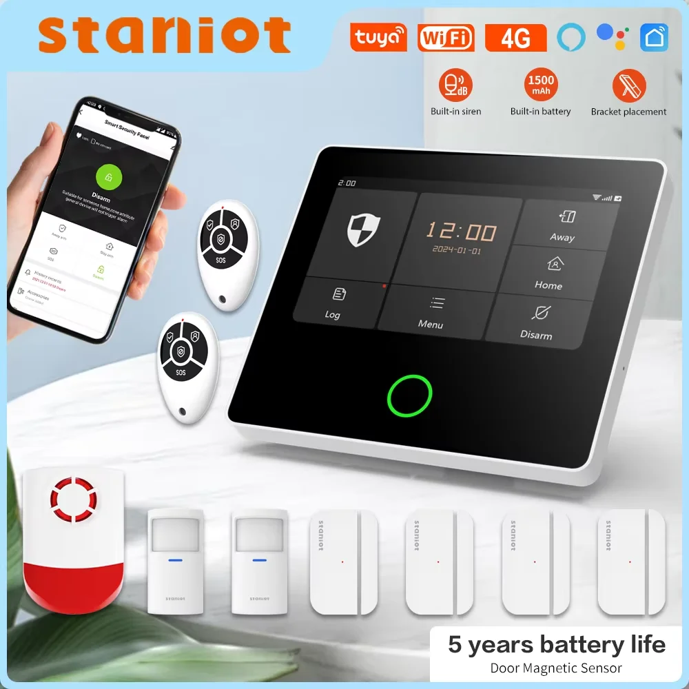 

Staniot WiFi 4G Беспроводная система охранной сигнализации Встроенная громкая сирена Tuya Комплект охранной сигнализации для умного дома с 5-летним контактным датчиком