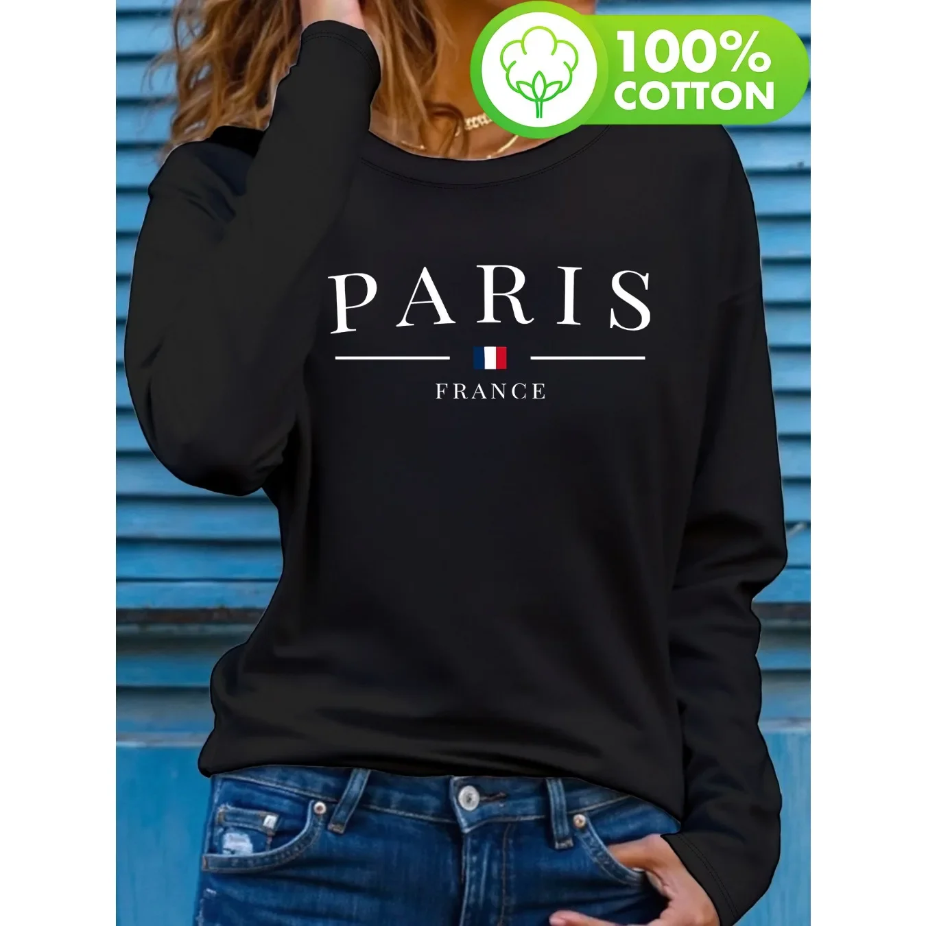 Modisches 100% Baumwoll-T-Shirt für Damen, Paris Frankreich, Langarm, lässiger Rundhalsausschnitt, Herbst-Winter-Mode-Top mit französischer Flagge – Detail 2