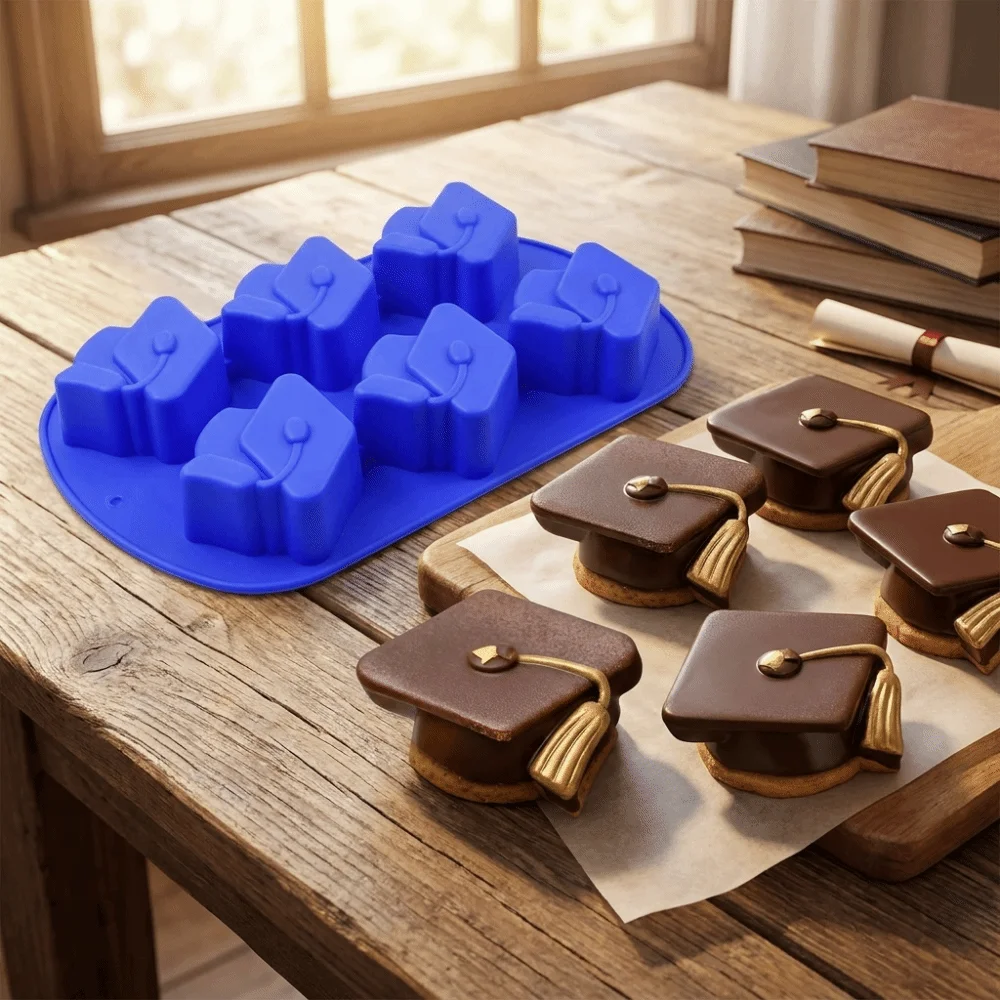 Baking Tool 6-Cavity Silicone Mold Reusable Flexible Graduation Hat Mold Non-Stick 3D Chocolate Mold Graduation Celebration