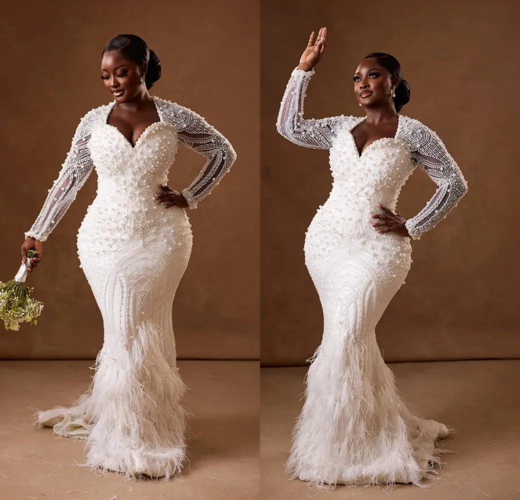 Gorgeous Mermaid Bridal Dress Long Sleeves Pearls Beaded Sequins Feather Church Wedding Gowns Customized Formal Bride Gowns