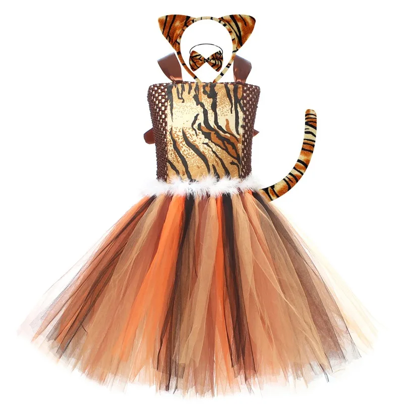 Girls Tiger Animal  Dress, Kids Jungle Party Fancy Outfit, Children Stage Performance Tutu Skirt Set, Halloween Dress for Girls