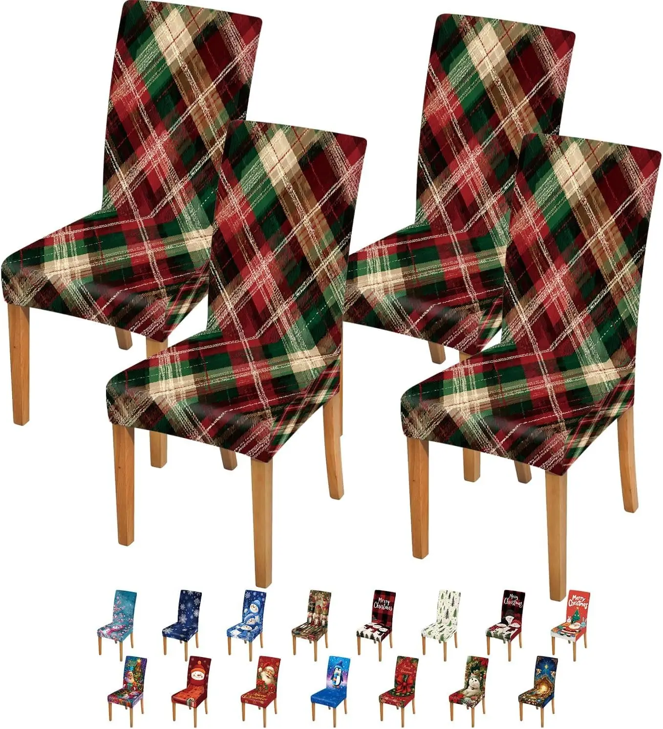 Festive Red Green Plaid Dining Chair Cover 1 Pc, Stretch Removable Slipcover Anti-dust Seat Protector for Kitchen Wedding Party